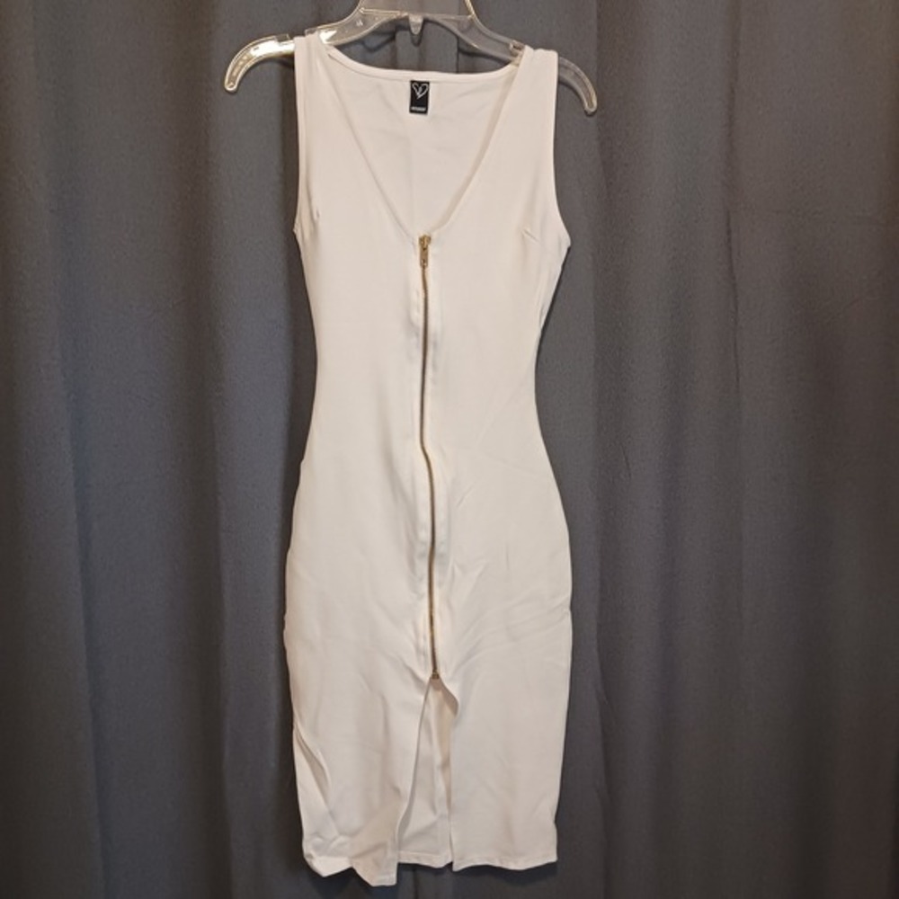 Windsor Classic Sleek White Front Zip Bodycon‎ Midi Dress Sleeveless XS